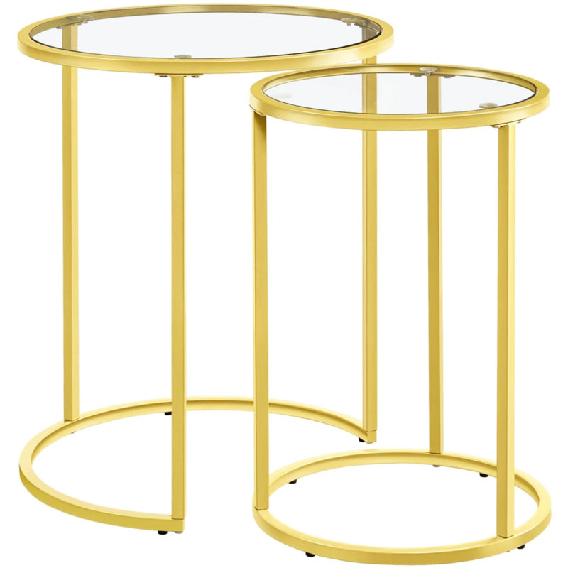 Round Metal Nesting End Table Set of 2 with Glass Top, Gold