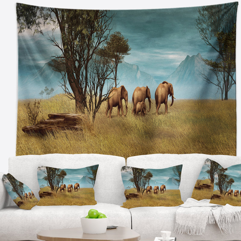 Tapisserie Panorama des éléphants d'Afrique, H 32 po x l 39 po