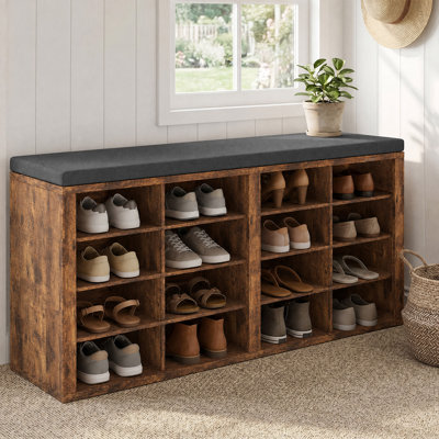 Banc de rangement pour chaussures avec siège rembourré, 16 compartiments, capacité de 400 lb, pour la chambre de l'entrée, brun / gris foncé