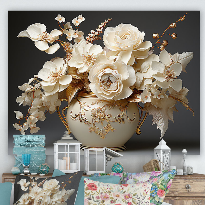 Impression sur toile Baroque Hydrangea blanc et or VII - Hydrangea, Toile tendue, H 24 po x l 32 po x P 1 po