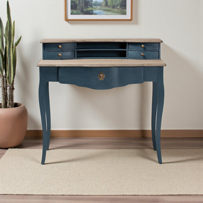 Bureau d'écriture à 5 tiroirs et 2 tablettes avec finition bleue Tahoma, H 37,85 po x l 39,25 po x P 18,47 po