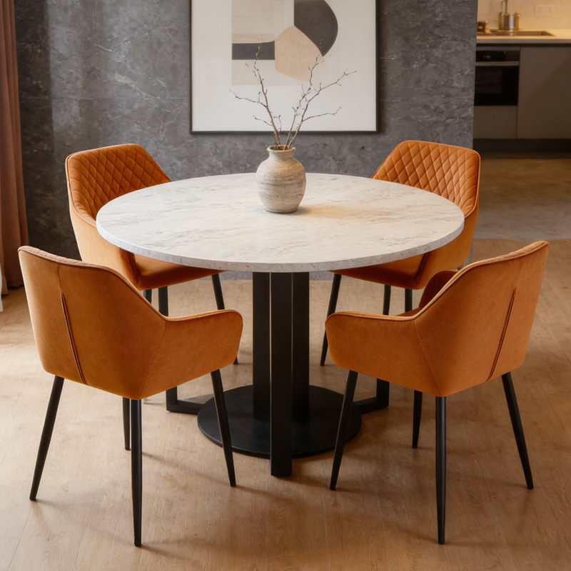 Velvet Upholstered Dining Chairs With Armrests & Diamond Tufting  , Orange