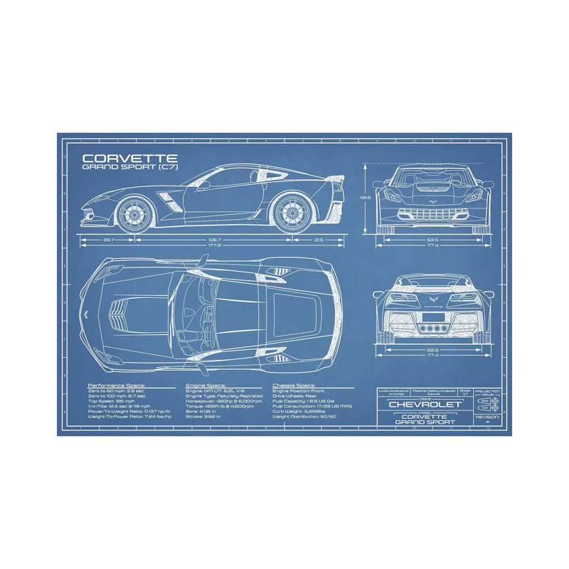 Grande sport Blueprint (C7) Corvette-impression de dessin, H 32 po x l 48 po x 1,5 po, Toile tendue, Pas de tapis