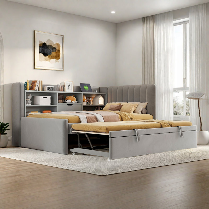 Upholstered Daybed With Trundle, Storage Shelves, Usb & Outlet And Vertical Striped Design, Gray