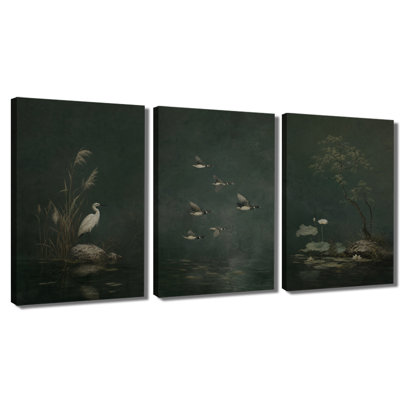 3 Panel Canvas Wall Art Vintage Pond Egret Duck Lotus Oriental Nature Scenery Wall Decor