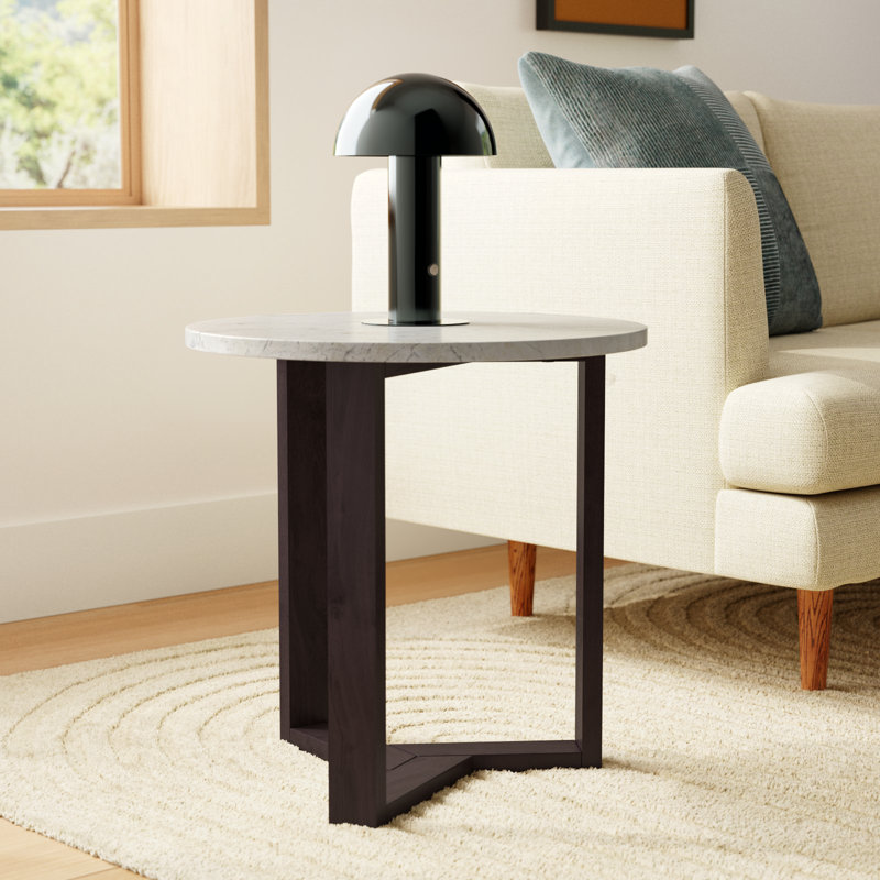 Round Marble and Acacia Wood Side Table