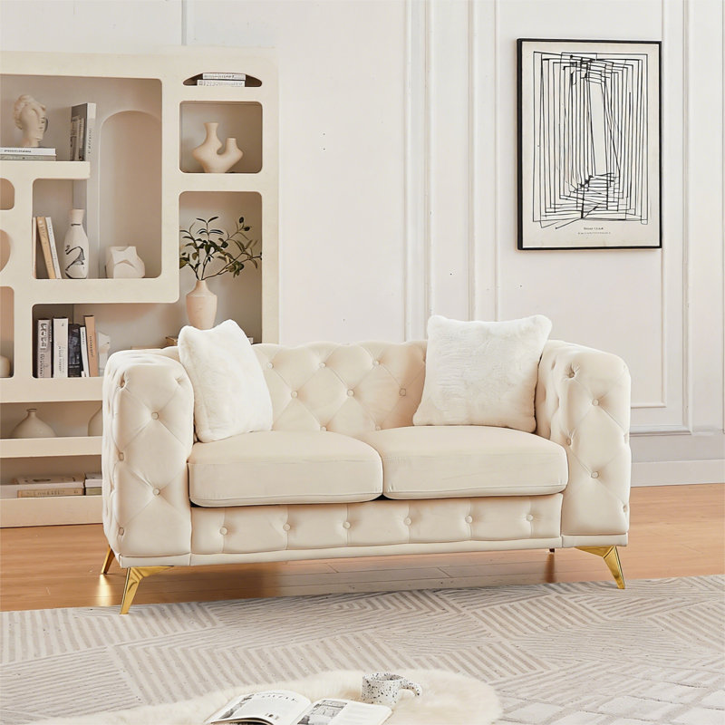 Canapé moderne en velours avec accents matelassés Chesterfield, Beige, H 30,25 po x l 61,25 po x P 32,75 po