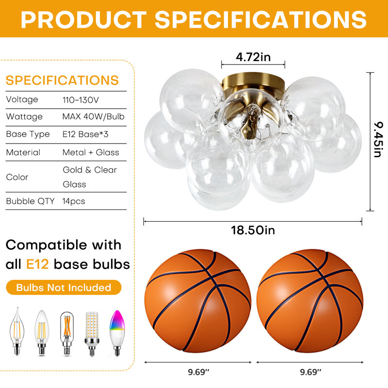 3-Light Modern Bubble Flush Mount Ceiling Light Fixture with Clear Glass Globes, Clear Glass Globe