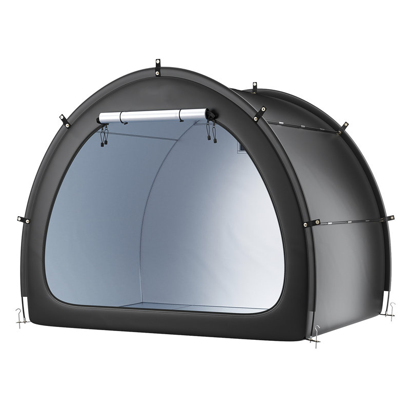 Rangement extérieur imperméable pour 4 à 5 vélos, avec revêtement double, tissu 210D enduit argent, plateau arqué pour éviter la formation d'eau, poteaux en fibre de verre renforcé, stabilité multi-points, poids léger