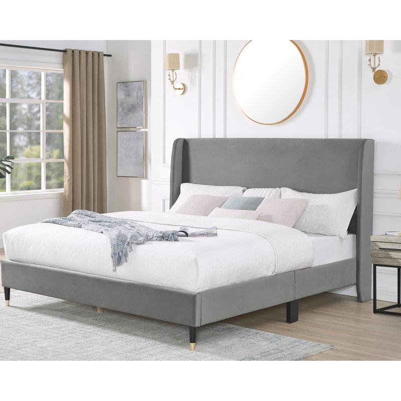 Comfortable Queen Bed Gray Velvet Wingback - Relaxing Bedroom Modern Stable Support, Gray, Queen