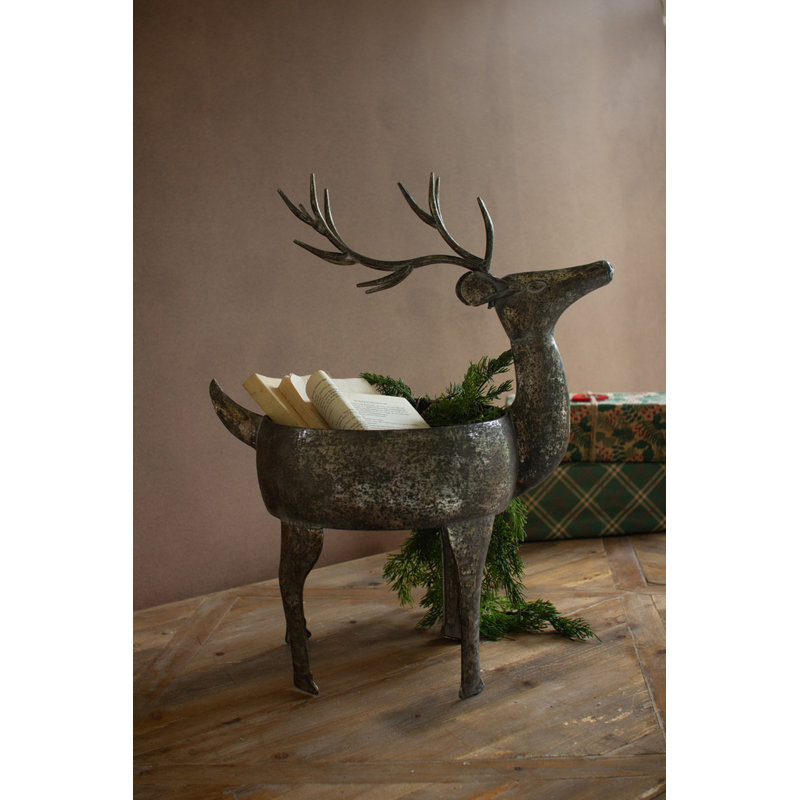  Metal Reindeer Planter 24"H – Rustic Distressed Finish – Holiday Accent