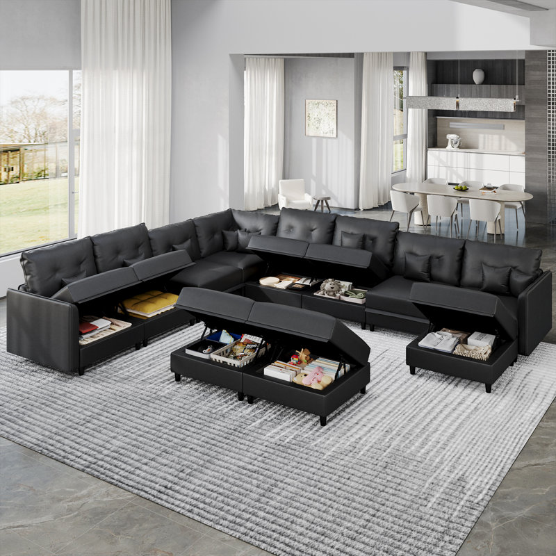 Edorta Upholstered U-Shaped Sectional, Black Faux Leather