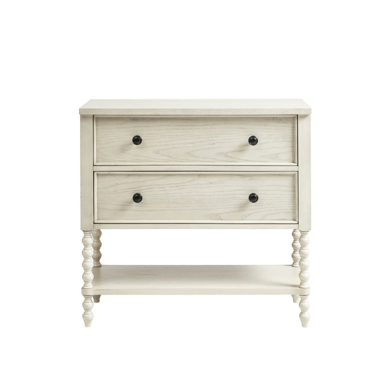 Commode décorative 2 tiroirs avec structure en bois massif et décoration en métal blanc antique, Naturel