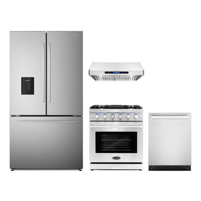 Cosmo 4 Piece Kitchen Appliance Package with French Door Refrigerator 30'' Gas Freestanding Built-In Under Cabinet Range Hood