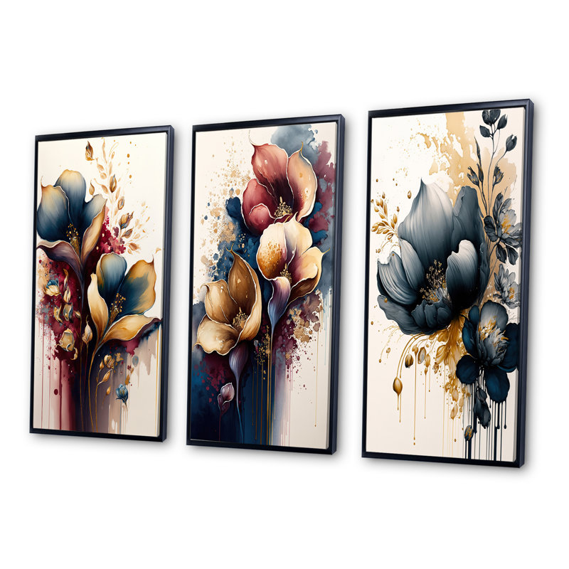 "Bouquet de lis bleu et bourgogne" - 3 pièces sur toile, Noir, H 28 po x l 36 po