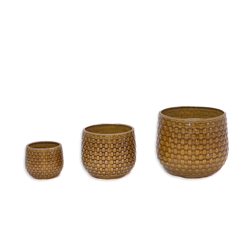 3 pots de fleurs en céramique, pot de fleurs moderne, Orange / Brun foncé
