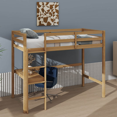 Twin Elevated Rubber Wood Loft Bed, Complete With Safety Guardrail, Integrated Desk, Ladder