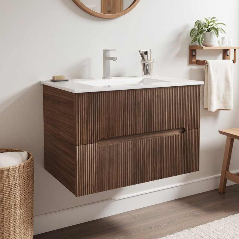  30" Wall Mounted Single Bathroom Vanity With Ceramic Sink Top And Faucet, Floating Cabinet With 2 Soft-Close Drawers, 30"