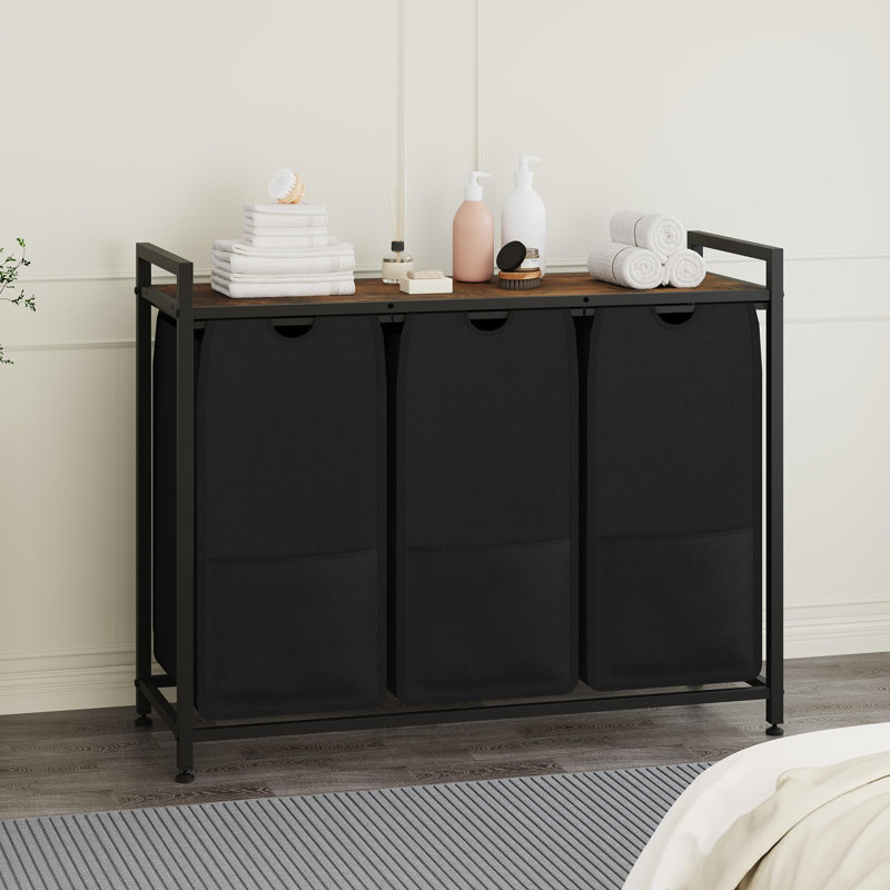 Panier à linge 145,5 L à 3 sections, panier à linge avec tablette et 3 sacs amovibles, organisateur de vêtements sales pour la salle de bain, 3 x 12,8 gallons (48,5 L), brun rustique + noir