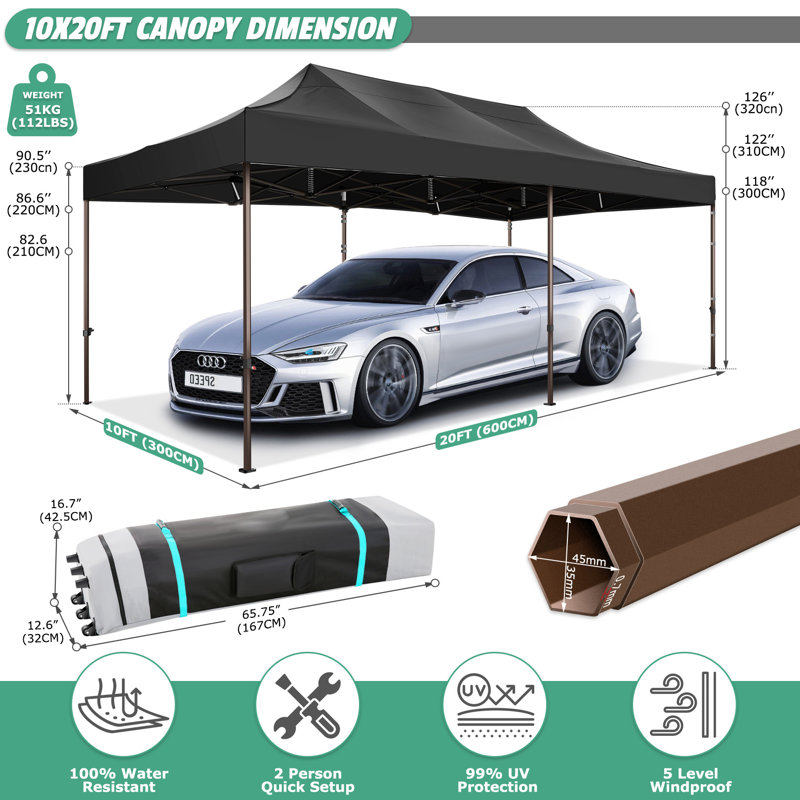 10x20 Pop Up Heavy Duty Canopy, Commercial Outdoor Tent for Parties All Weather, Black