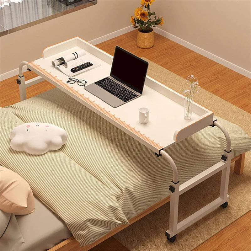 Table de lit réglable avec roulettes et garde-corps, bureau mobile pour ordinateur portable avec 4 roulettes verrouillables