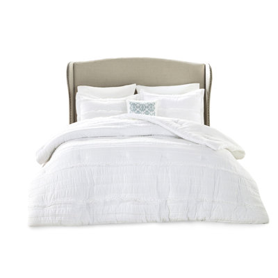 5 Piece Microfiber Comforter Queen White - Shabby Chic Design With Ruffled Details, Filling, Comprises Comforter, 2 Shams, Decorative Pillow & Bed Skirt, Machine Wash Filling And Pillow, 5 Includes