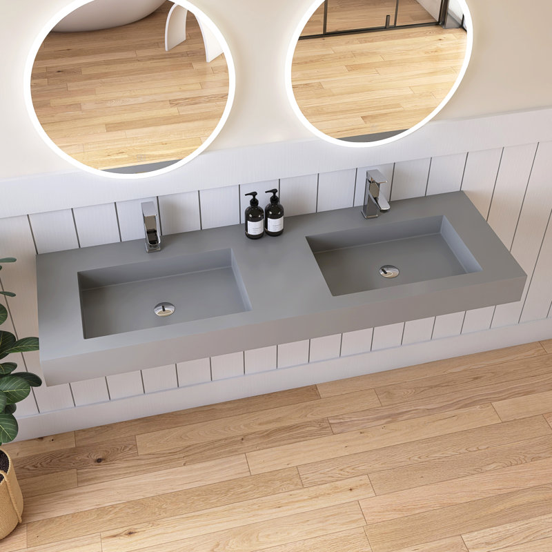 Lavabo de salle de bain mural double à surface solide 59 po Medunjess, Gris, Robinets à monotrou