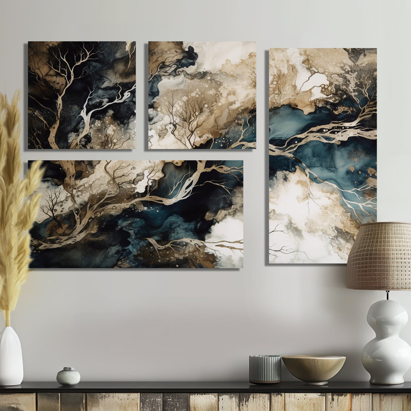 Blue Beige Marbré Dreamscape I - Art mural bleu 4 pièces, Noir, Impression encadrée sans passe-partout