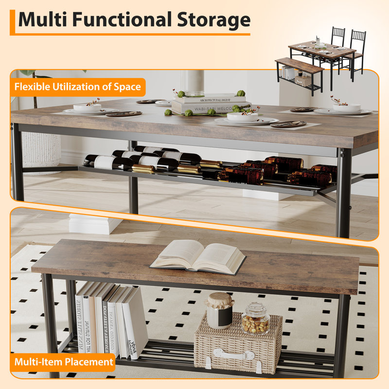 Ensemble de table de salle à manger compacte avec banc de rangement et support à vin - Table rectangulaire et chaises pour 4 - Structure en métal robuste - Idéal pour les petits appartements ou studios