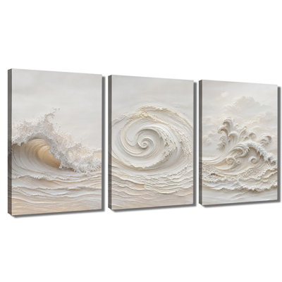 3 Panel Canvas Wall Art Textured Abstract Ocean Wave Thick Paint Modern Minimalist Wall Decor