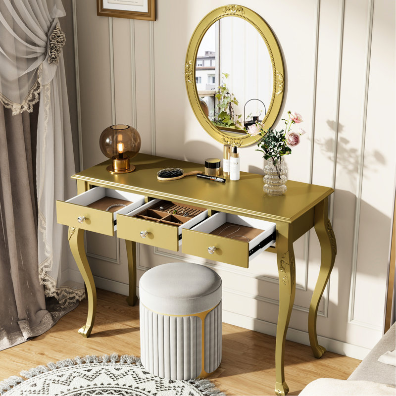 Meuble-lavabo de luxe avec miroir ovale, 3 tiroirs et sculptures complexes , Doré