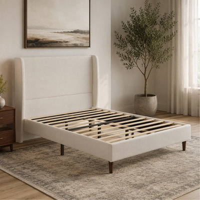 Lit tapissier à tête de lit haute, cadre de lit grand, support à 12 lattes, beige, tissu chenille facile à assembler, aucun sommier requis