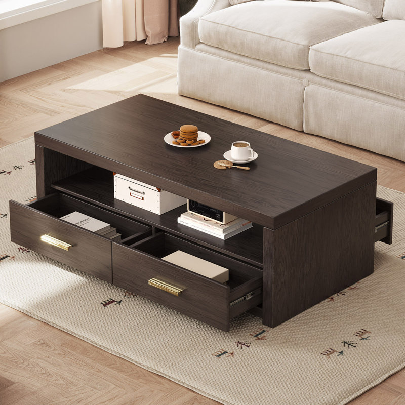 Dark Wood Coffee Table 120cm With 2 Drawers & Open Shelf Storage, Modern Rectangular Living Room Table