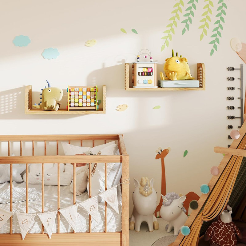 Rattan Shelf Set Of 2, Cute Nursery Shelves Wall Mounted, Natural Hanging Bookshelf Storage, Boho Decorative Floating Shelves For Kids Room, Living Room, Play Room, Bedroom, Home Decor