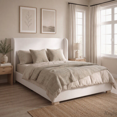 Luxurious Velvet Platform Bed with Tall Wingback Headboard and Sturdy Wood & Metal Support