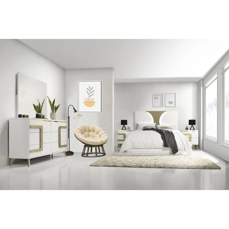 Ensemble de chambre à coucher 5 pièces - Lit très grand avec commode, miroir, commode et 2 tables de chevet, blanc moderne et finition champagne-or