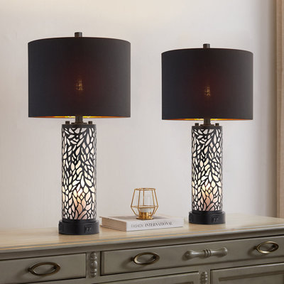 Hendrike 25" Carved Metal+Glass Table Lamp Set With Night Light And USB Ports