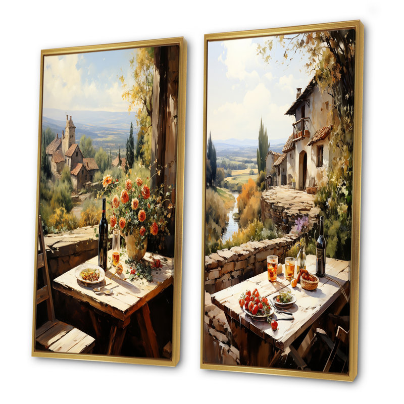 Culinaire sérénité, ville romantique - ensemble de 2 impressions sur toile vin et champagne, Cadre flottant doré