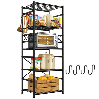 17.7"w Metal Storage Shelves With Hooks, Wobble-free Storage Rack With Leveling Feet For Garage Kitchen Pantry, Black