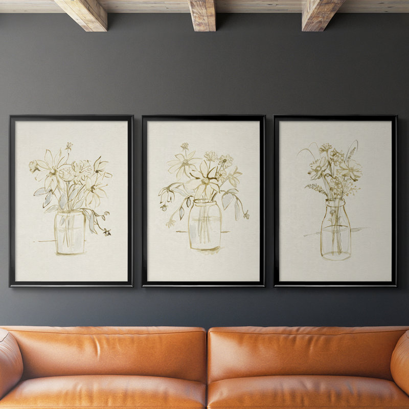 Faded Flower Arrangment I - Toile tendue avec châssis sur mesure - 3 pièces, Noir, noir, noir, noir, H 30 po x l 63 po