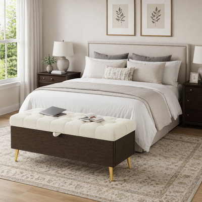 Banc de rangement moderne avec repose-pieds spacieux avec compartiment caché, coussin capitonné doux et pieds en métal doré durable pour une utilisation polyvalente à la maison