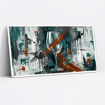 Tableau sur toile représentant un verre à vin transparent avec des coups de pinceau abstraits turquoise et rouille