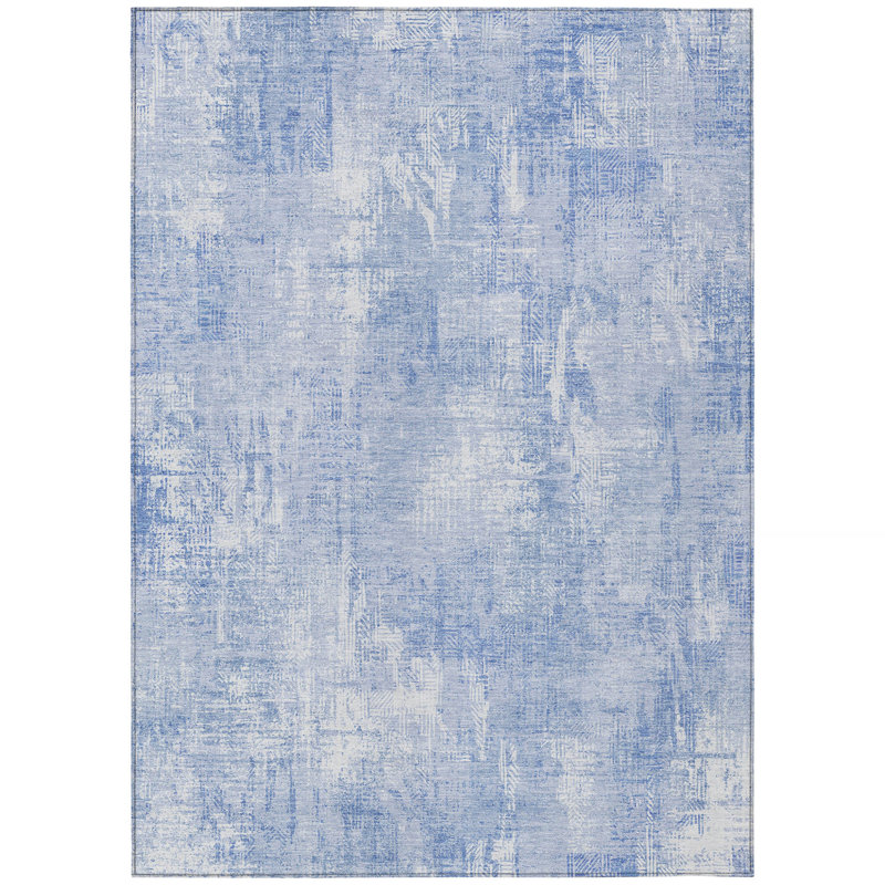 3' X 5' Sky Blue Denim Blue And Ivory Abstract Washable Indoor Outdoor Area Rug