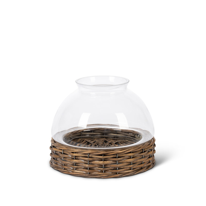 Glass Dome with Rattan Base, 14", 9.5"
