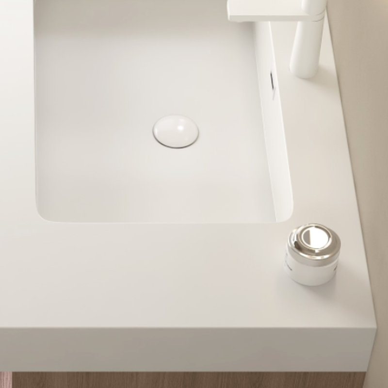 White Rectangular Undermount Basin 36" For Bathroom - Modern Scandinavian Solid Surface, Scratch-, Wear-, Easy To Clean, Faucet Hole And Overflow, Sink Cover & Expandable Drain Pipe, Installation