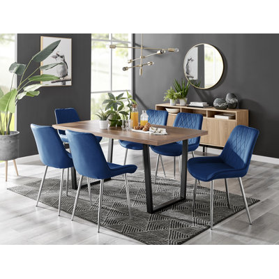 7-Piece Wood and Metal Dining Table Set with Upholstered Dining Chairs and Rectangular Table