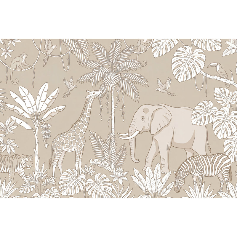 Papier peint jungle animaux tropicaux, Non tissé non collé, 140" x 108"