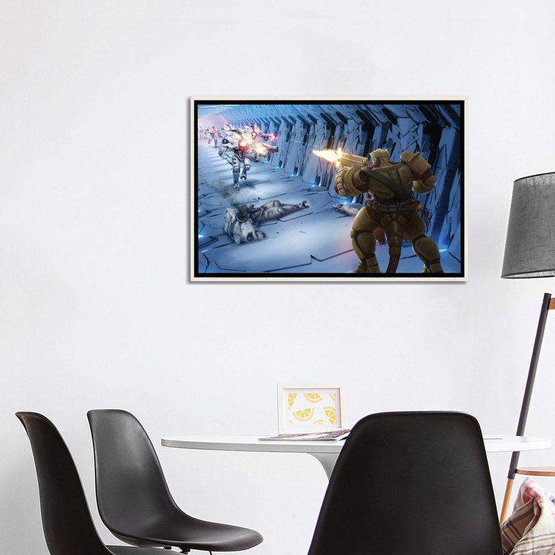 «Obozaya Gunning Down Robots», reproduction d'art sur toile encadrée, H 26 po x l 40 po, Blanc patiné