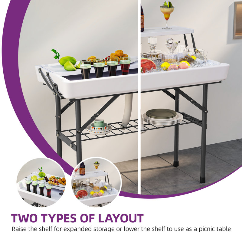 41"W Portable Two-Tier Ice Table Folding Ice Cooler Table with Drain and Detachable Skirt