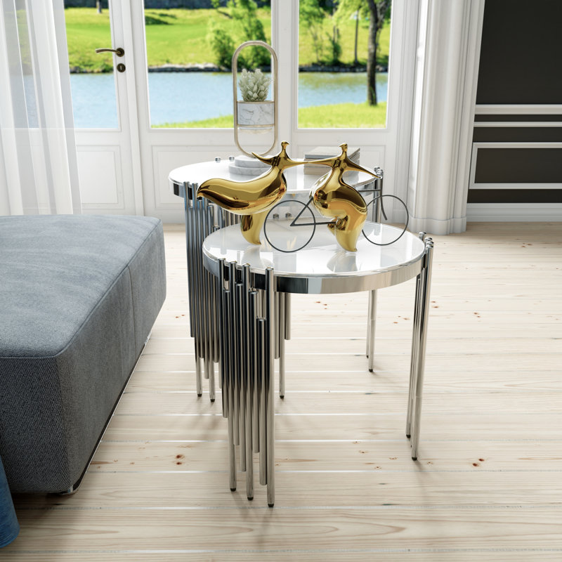 White Glass Nesting End Tables With Mirrored Silver Metal Legs Set Of 2